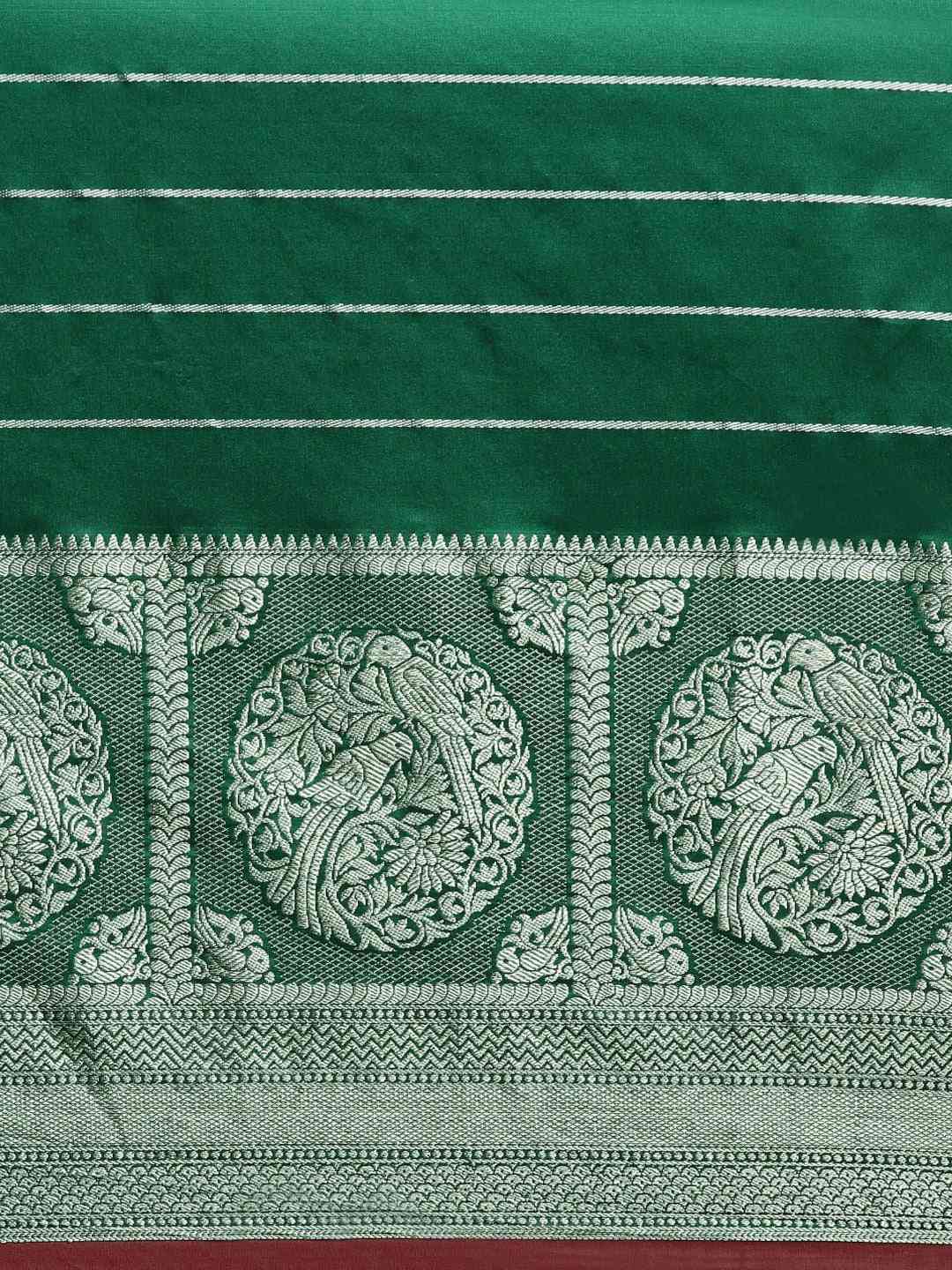 Banarasi Striped Silk Blend Saree in Dark Green 
