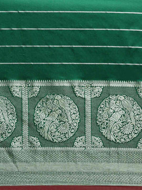 Banarasi Striped Silk Blend Saree in Dark Green 