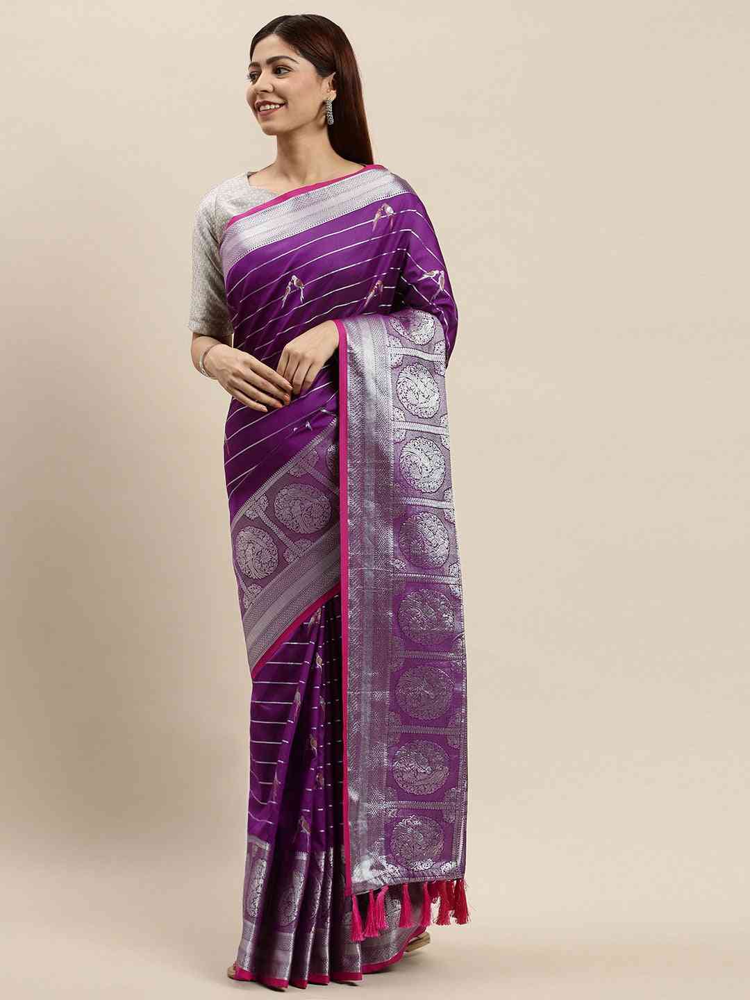 Latest Banarasi Striped Purple Colour Silk Blend Saree