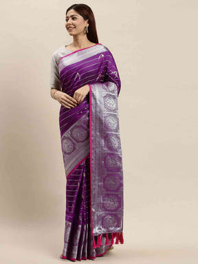 Latest Banarasi Striped Purple Colour Silk Blend Saree