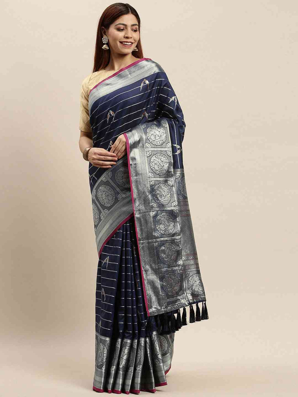 Beautiful Banarasi Striped Navy Colour Silk Blend Saree