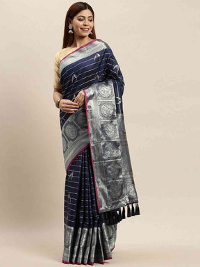 Beautiful Banarasi Striped Navy Colour Silk Blend Saree