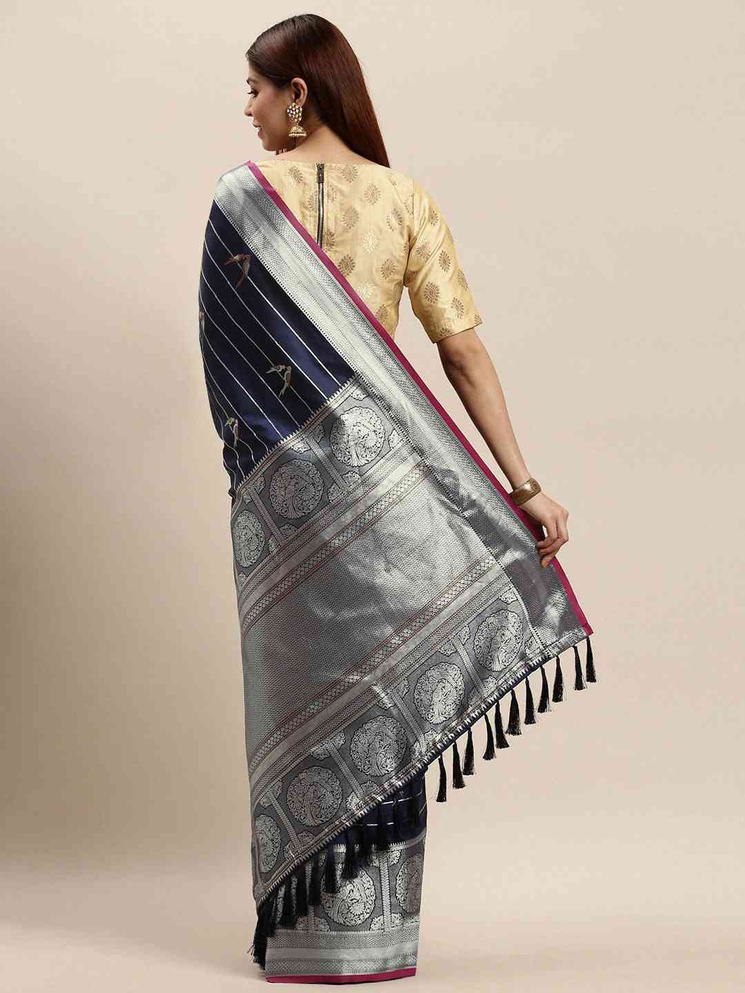 Beautiful Banarasi Striped Navy Colour Silk Blend Saree