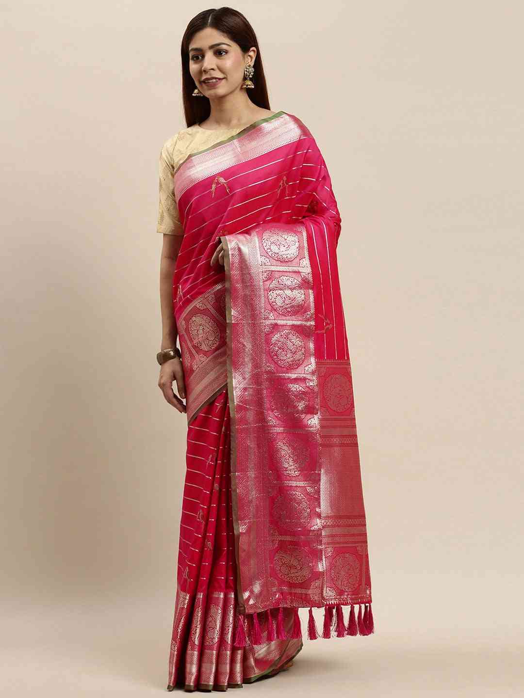 Exclusive Banarasi Striped Rani Colour Silk Saree