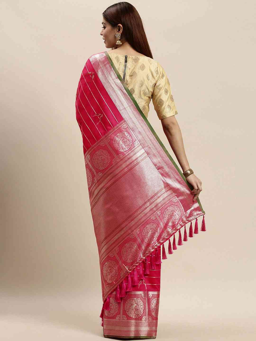 Exclusive Banarasi Striped Rani Colour Silk Saree