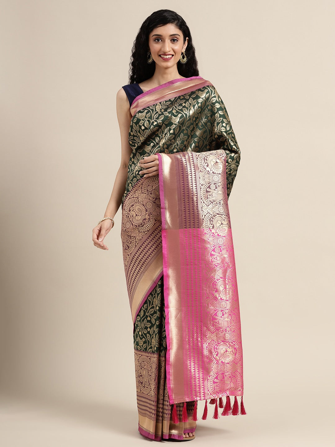 Banarasi Silk Blend Woven Design Saree In Dark Green Colour