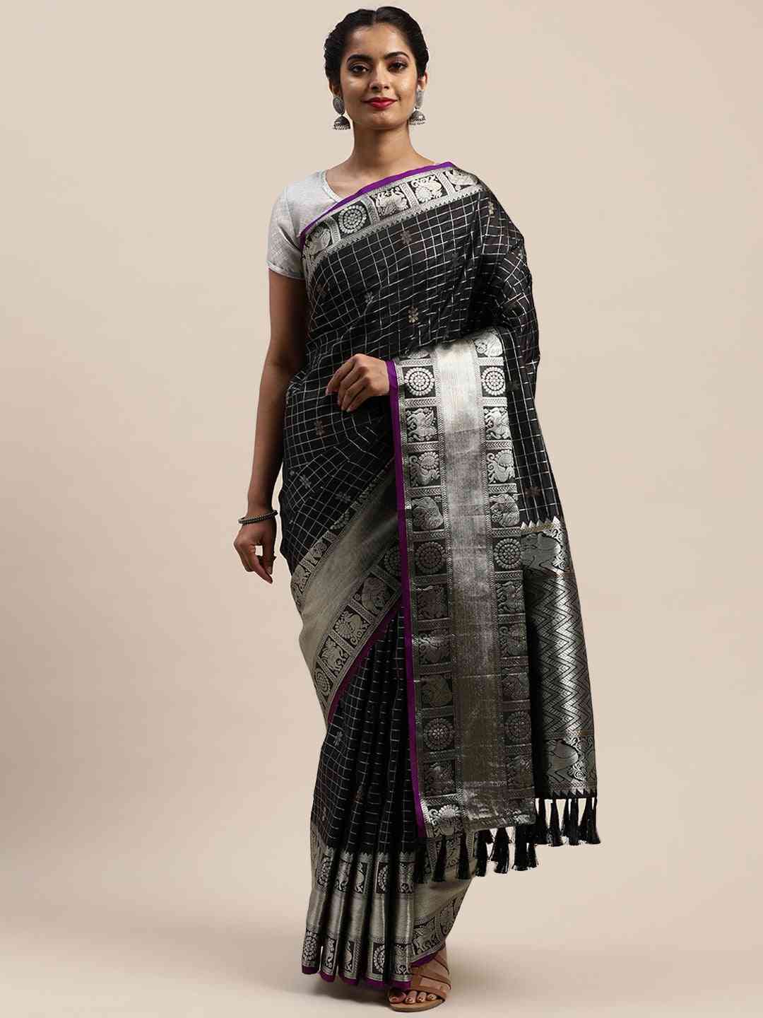  Beautiful Checked Banarasi Saree In Black Colour