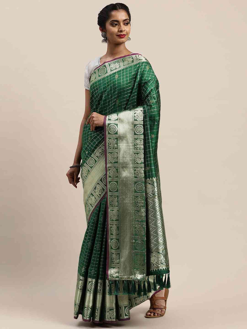  Stylish Bottle Green Colour Checked Banarasi Saree