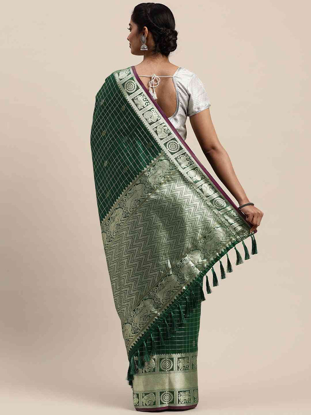  Stylish Bottle Green Colour Checked Banarasi Saree