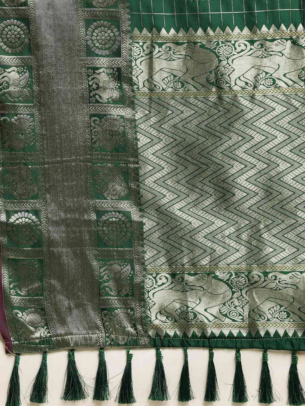  Stylish Bottle Green Colour Checked Banarasi Saree