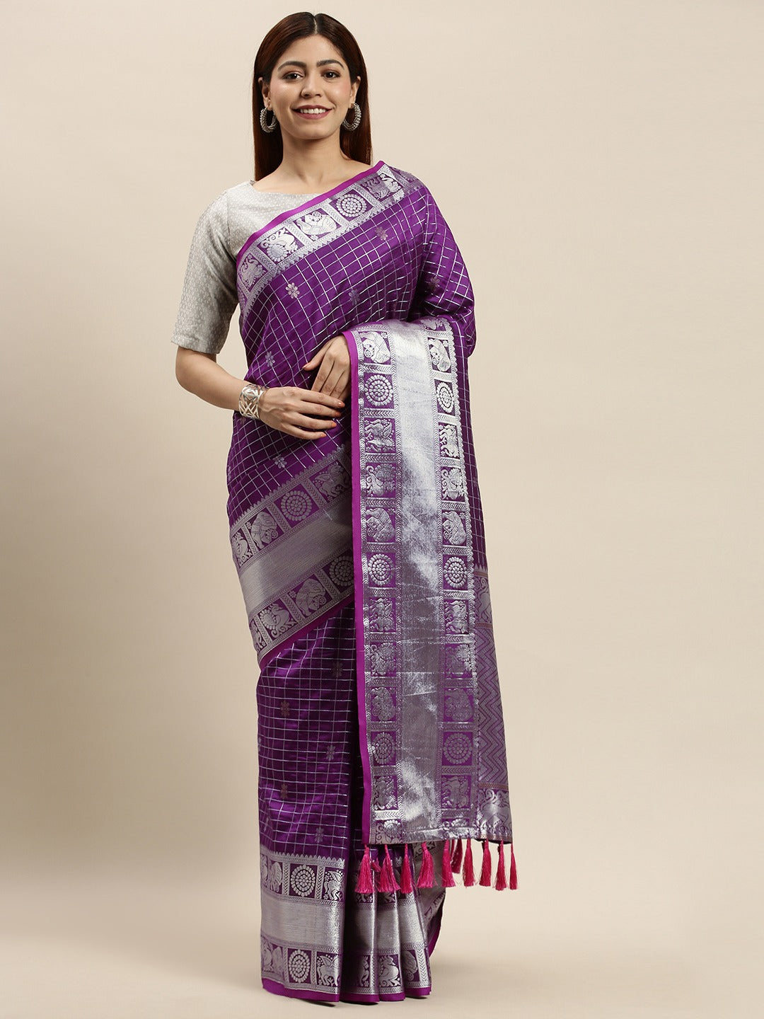  Exclusive Purple Colour Checked Banarasi Saree