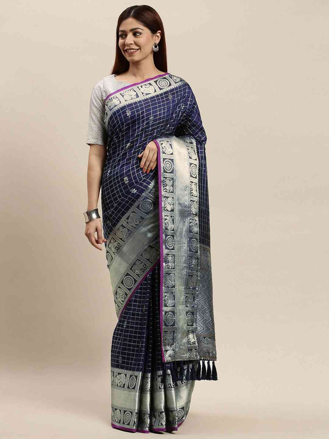 Stylish Navy Colour Checked Banarasi Saree