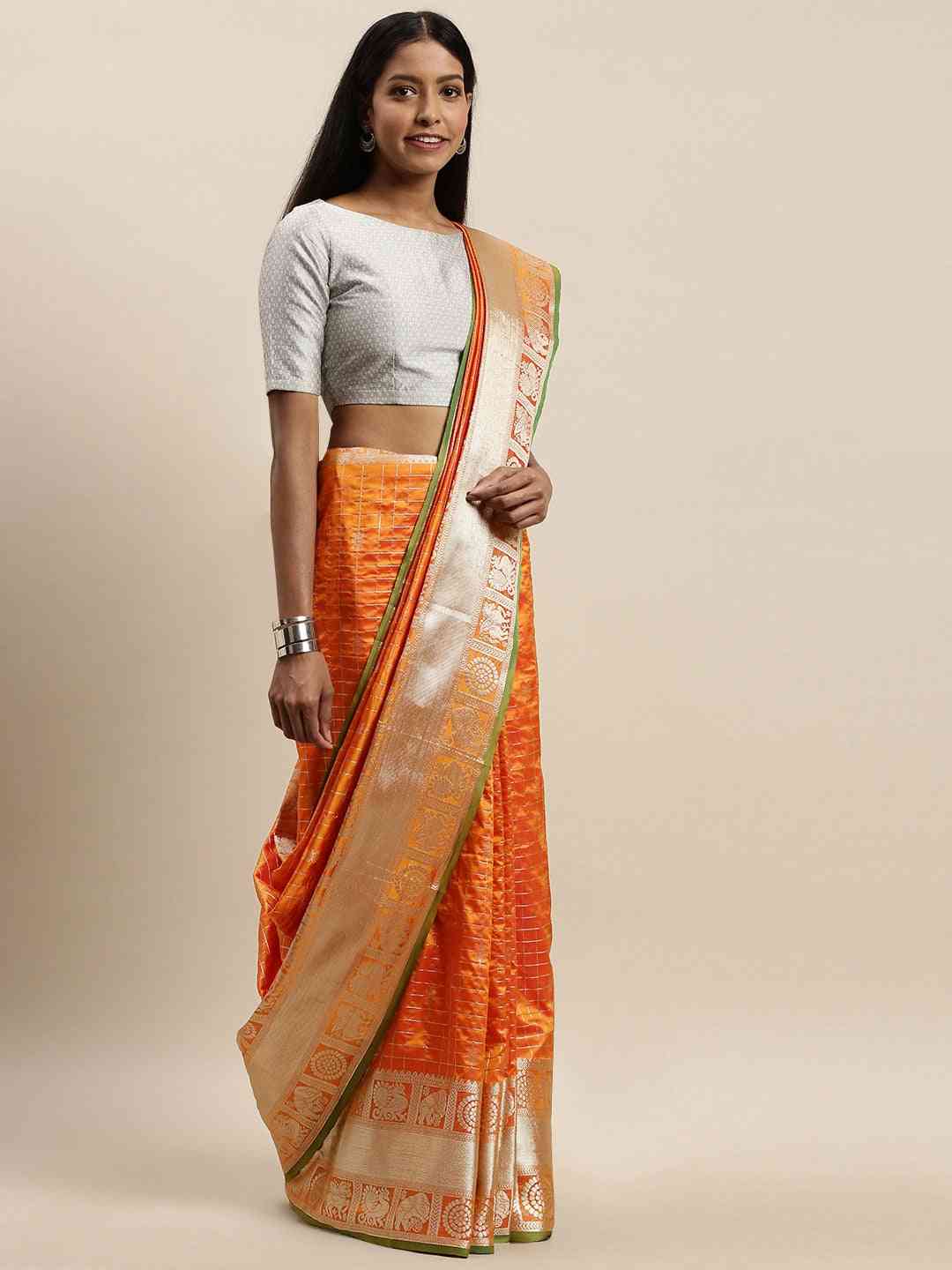  Beautiful Orange Colour Checked Banarasi Saree