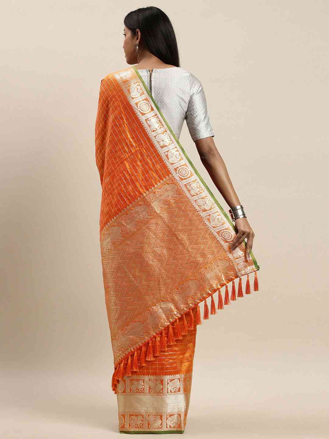  Beautiful Orange Colour Checked Banarasi Saree