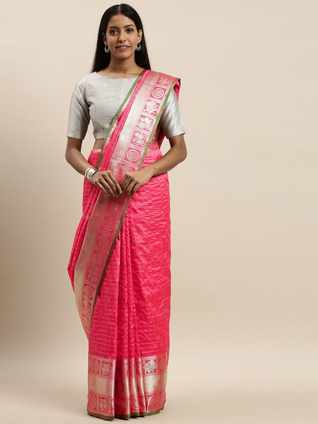 Exclusive Pink Colour Checked Banarasi Saree