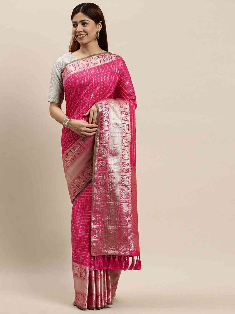 Stylish Rani Colour Checked Banarasi Saree