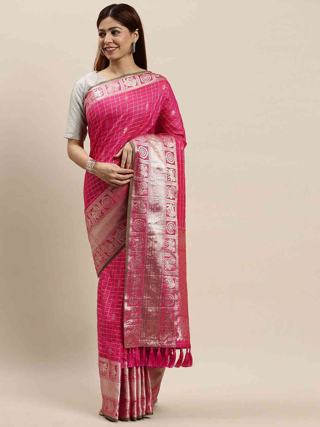 Beautiful Rani Colour Checked Banarasi Saree