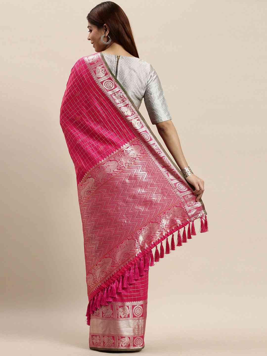 Beautiful Rani Colour Checked Banarasi Saree