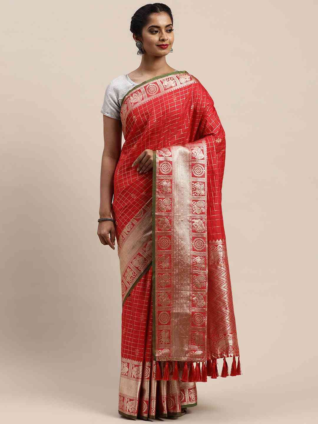 Exclusive Red Colour Checked Banarasi Saree 