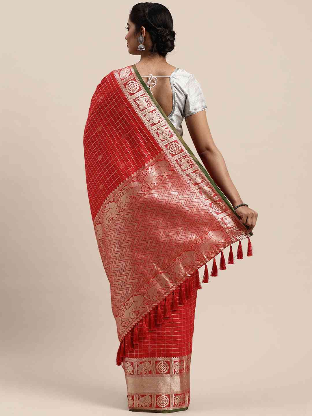 Exclusive Red Colour Checked Banarasi Saree 