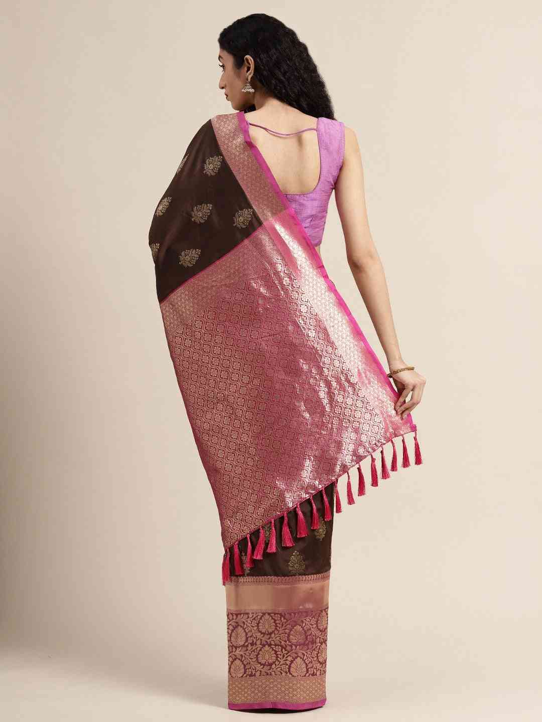 Stylish Brown Banarasi Silk Saree with Ethnic Motifs Print