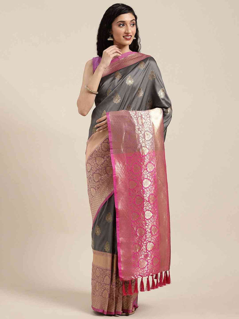 Stylish Grey Ethnic Motifs Banarasi Silk Saree 