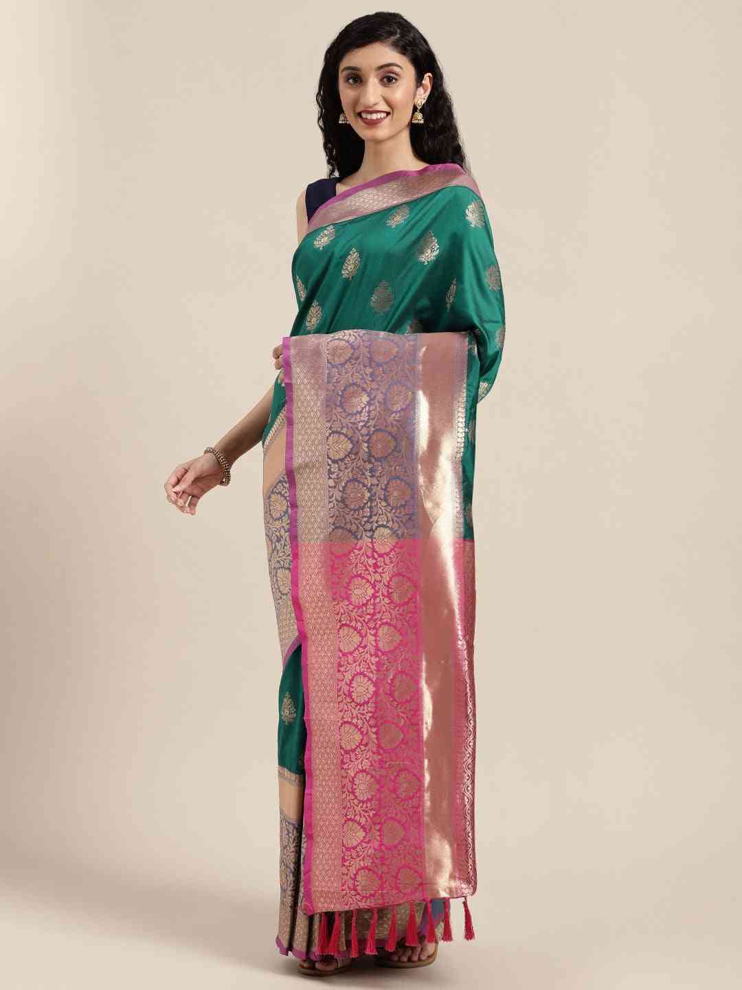 Stylish Teal Colour Ethnic Motifs Print Banarasi Silk Saree