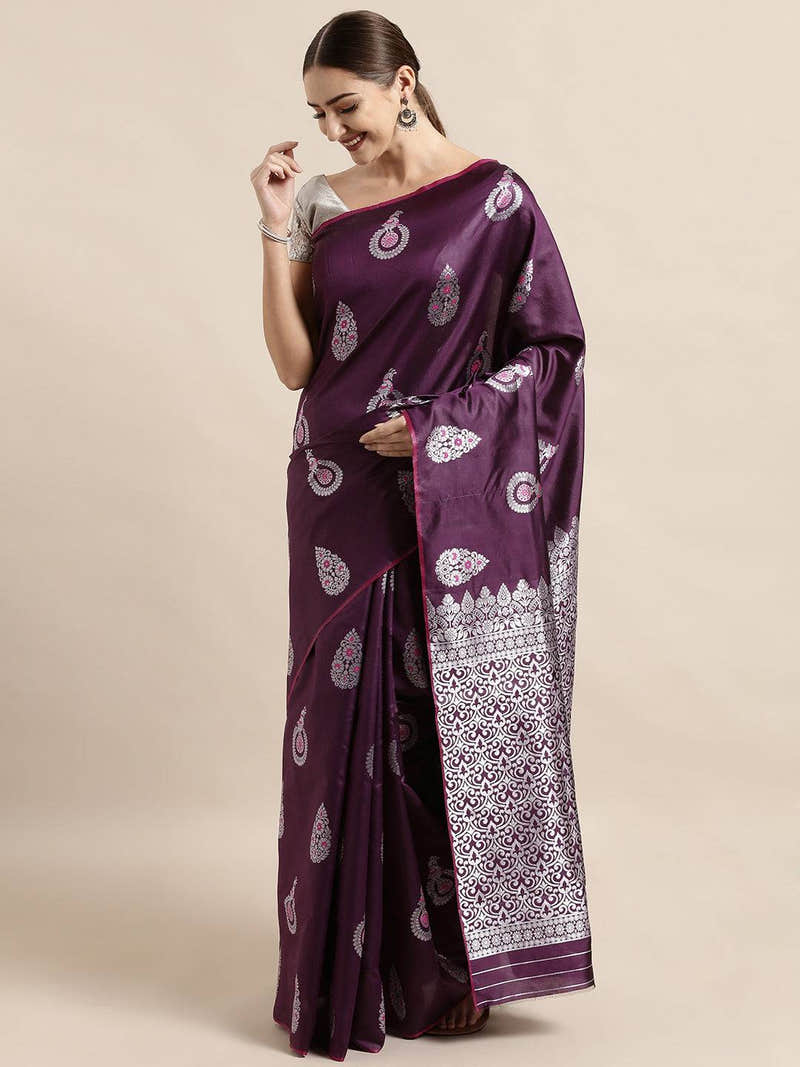 Wine Colour Banarasi Katan Silk Zari Weaving Saree