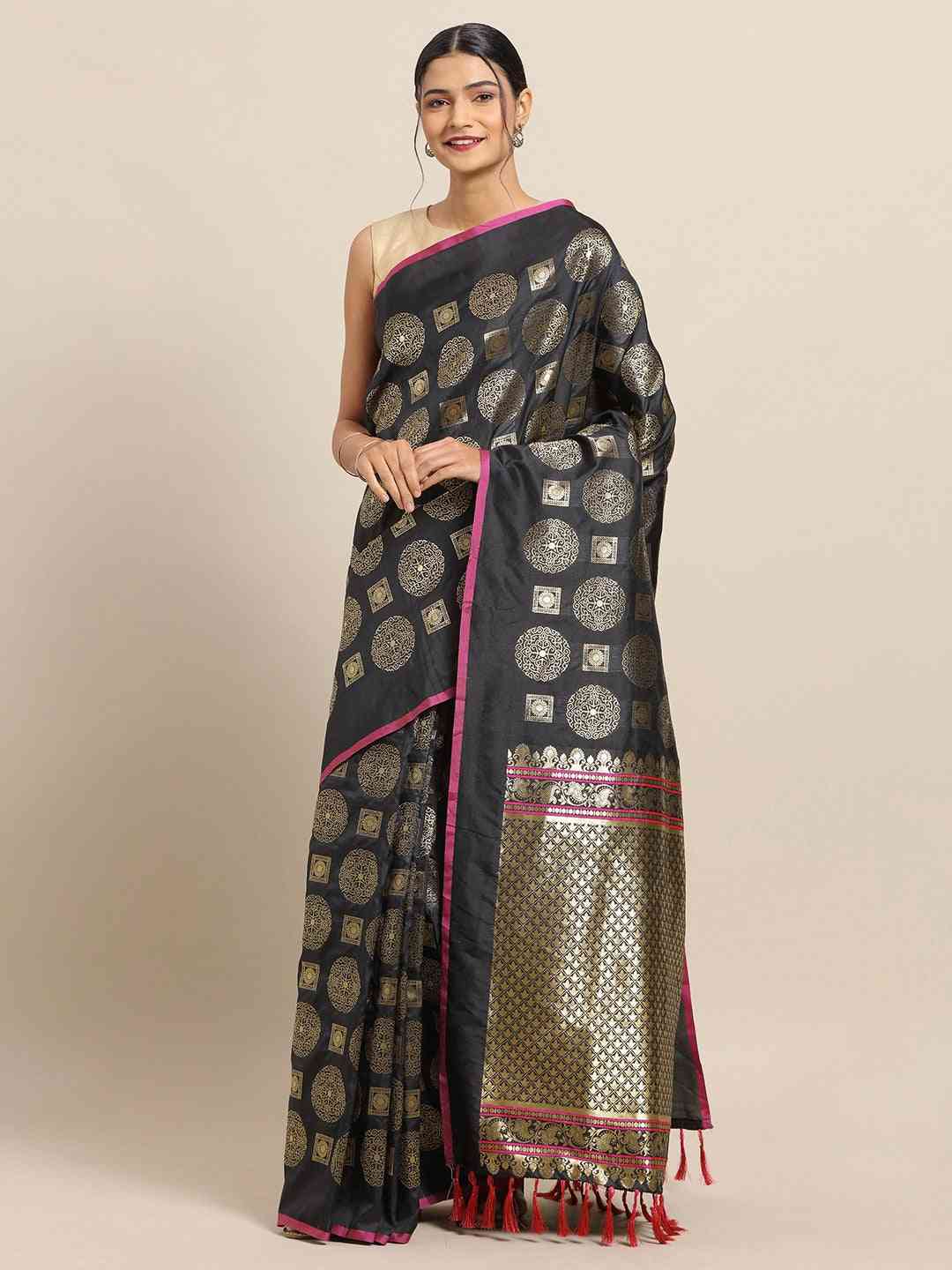  Traditional Black Colour Banarasi Saree With Ethnic Motifs