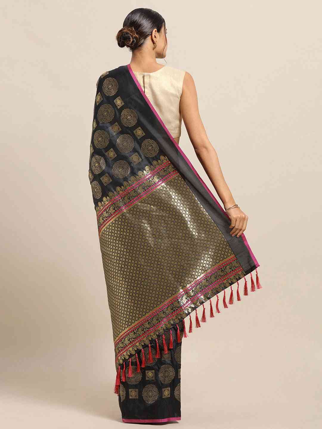  Traditional Black Colour Banarasi Saree With Ethnic Motifs