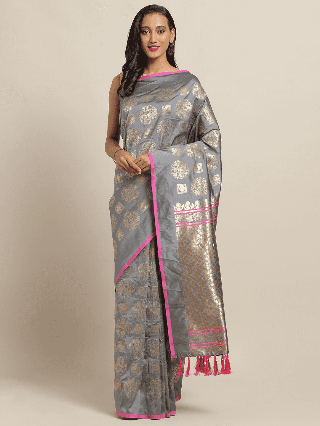 Grey Colour Ethnic Motifs Zari Silk Banarasi Saree