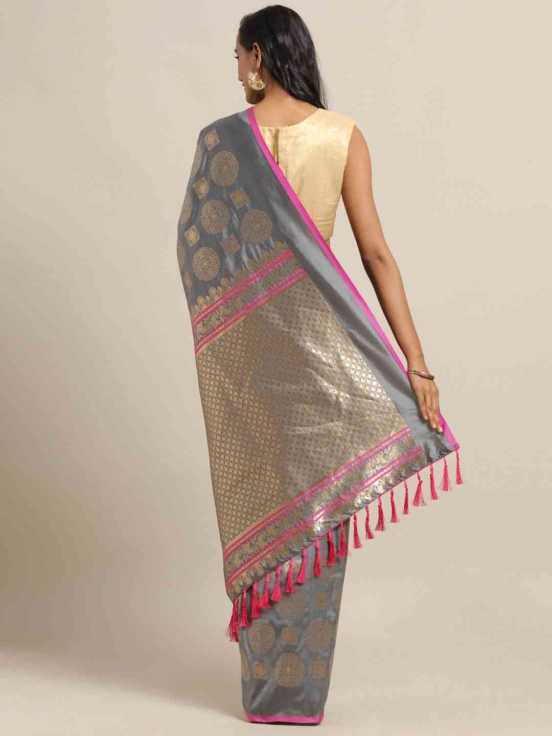 Grey Colour Ethnic Motifs Zari Silk Banarasi Saree