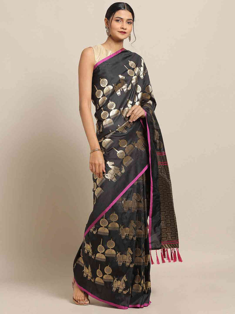 Traditional Black Colour Ethnic Motifs Silk Banarasi Saree