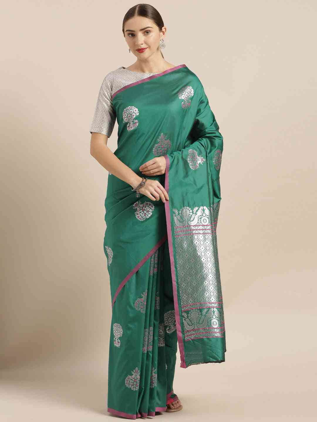 Bottle Green Colour Banarasi Saree with Ethnic Motifs & Zari