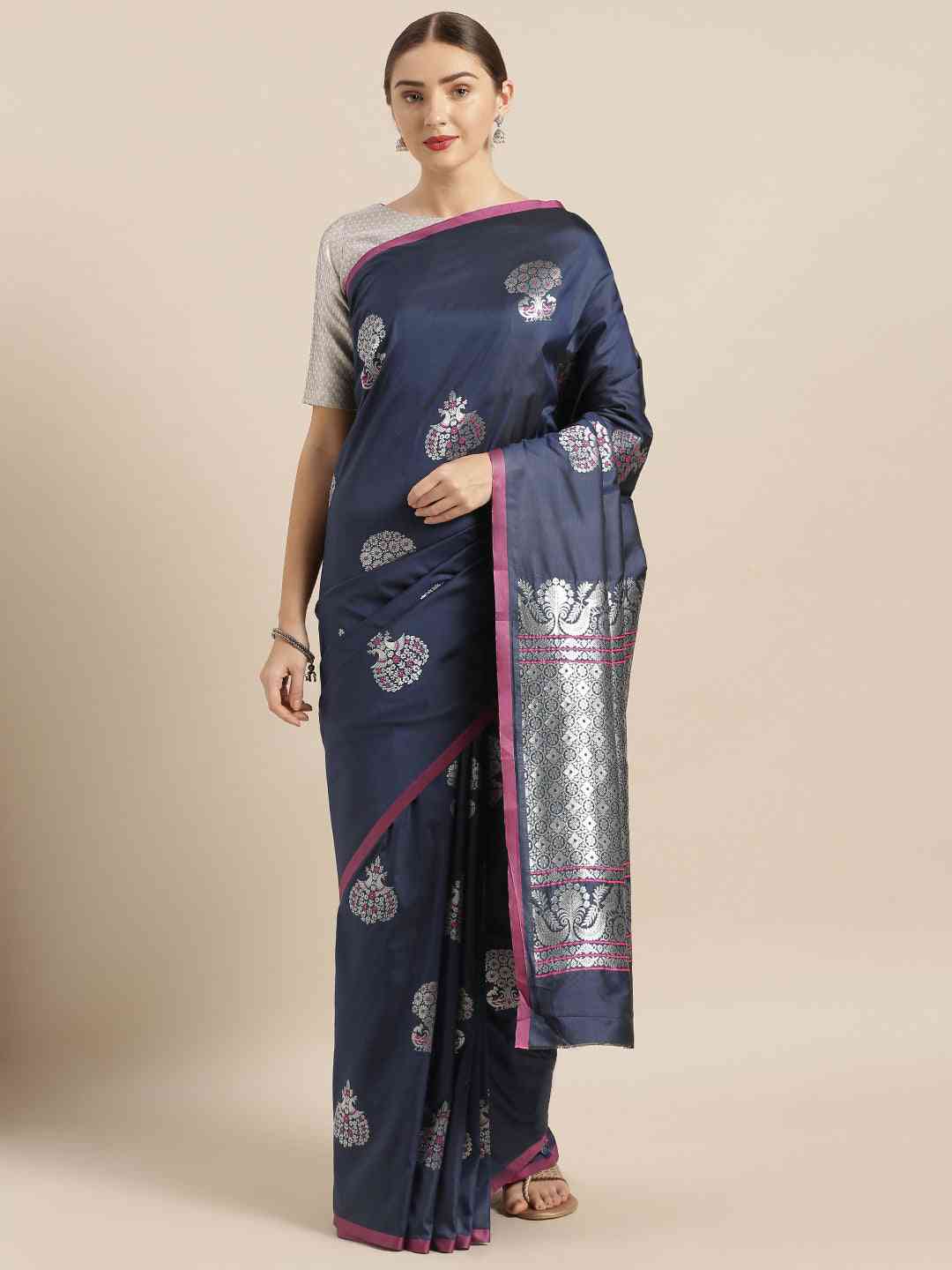  Ethnic Motifs Banarasi Silk Saree in Navy Colour