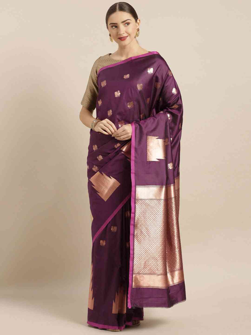  Geometric Print Wine Colour Zari Silk Banarasi Saree
