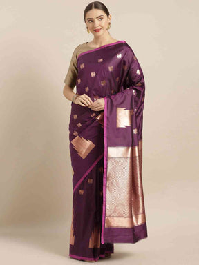  Geometric Print Wine Colour Zari Silk Banarasi Saree