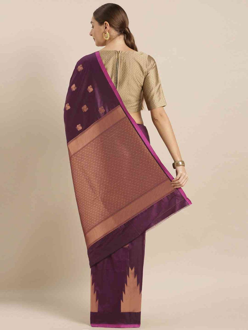 Geometric Print Wine Colour Zari Silk Banarasi Saree