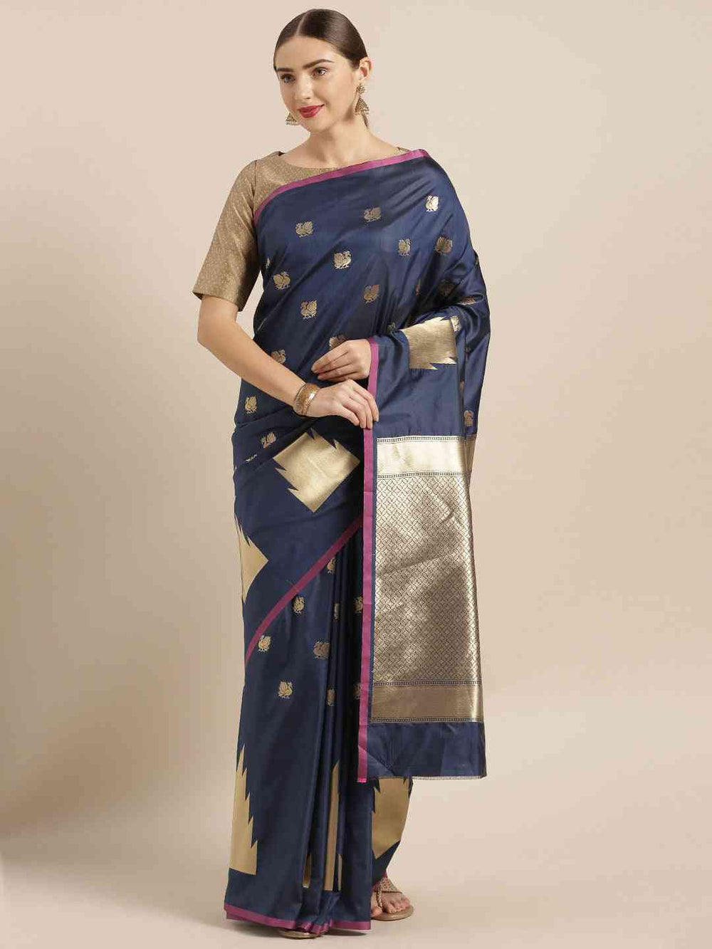  Geometric Print Navy Colour Zari Silk Banarasi Saree