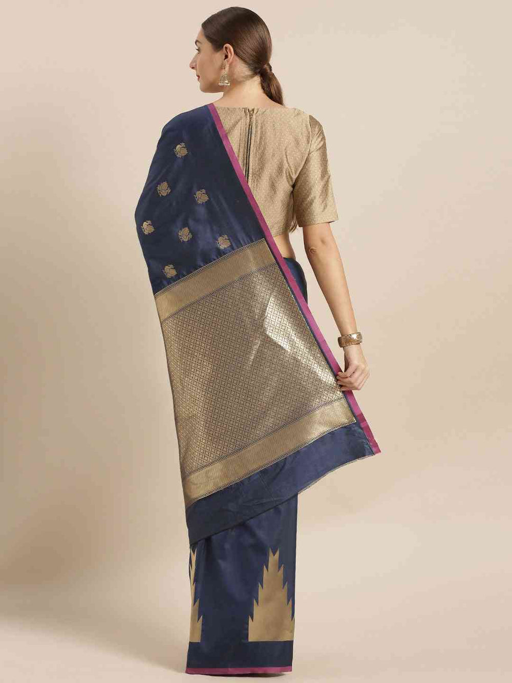  Geometric Print Navy Colour Zari Silk Banarasi Saree