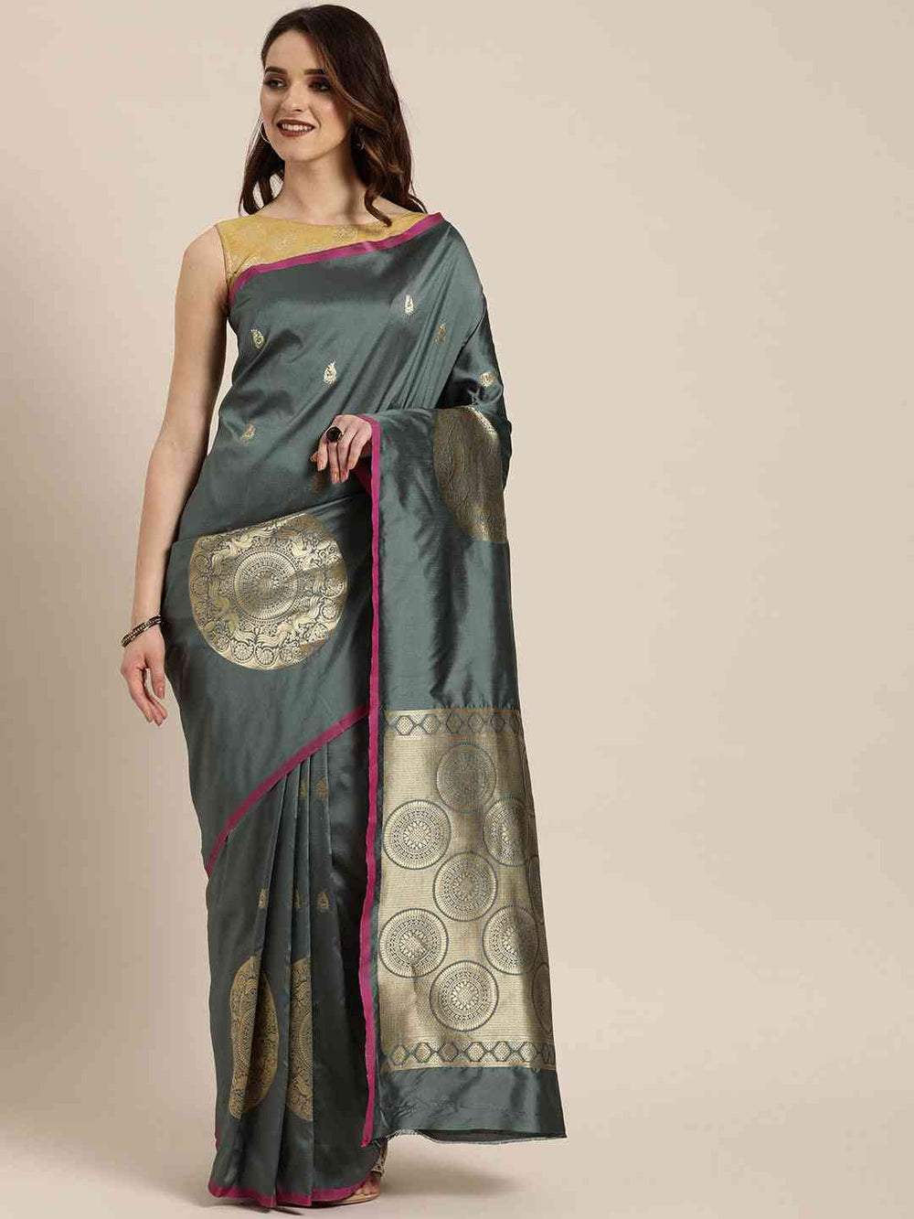  Bollywood Banarasi Grey Silk Blend Saree