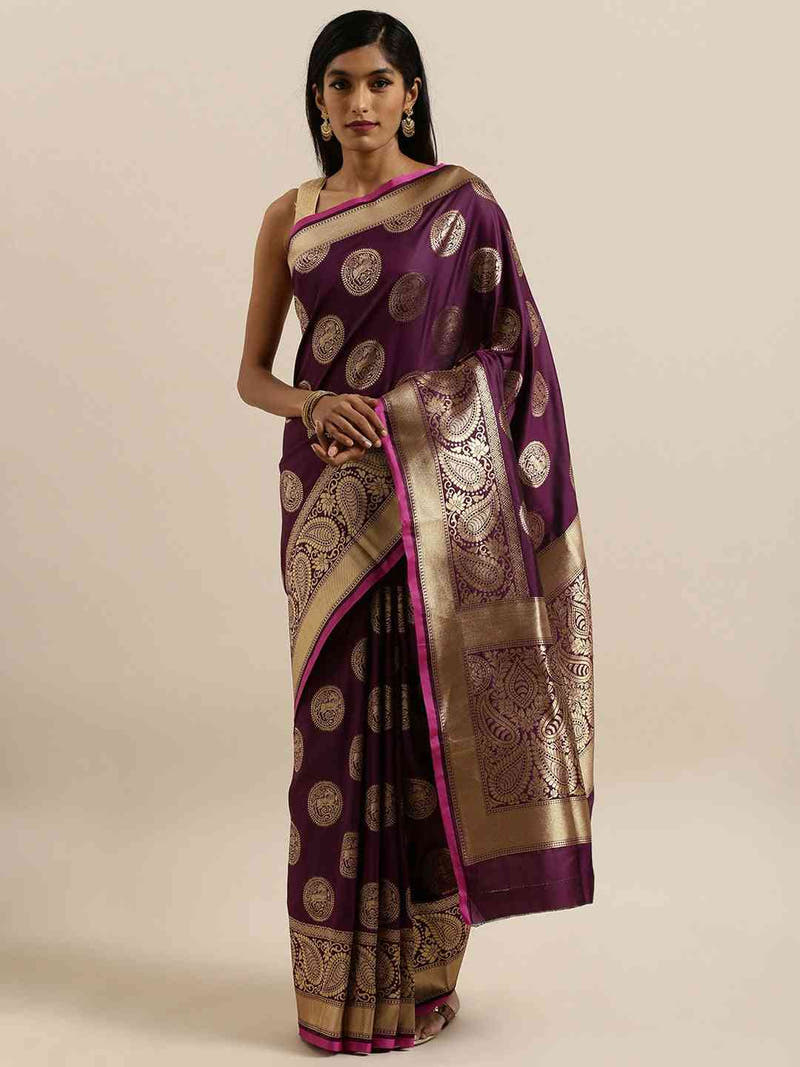 Traditional Silk Blend Banarasi Saree Wine Colour