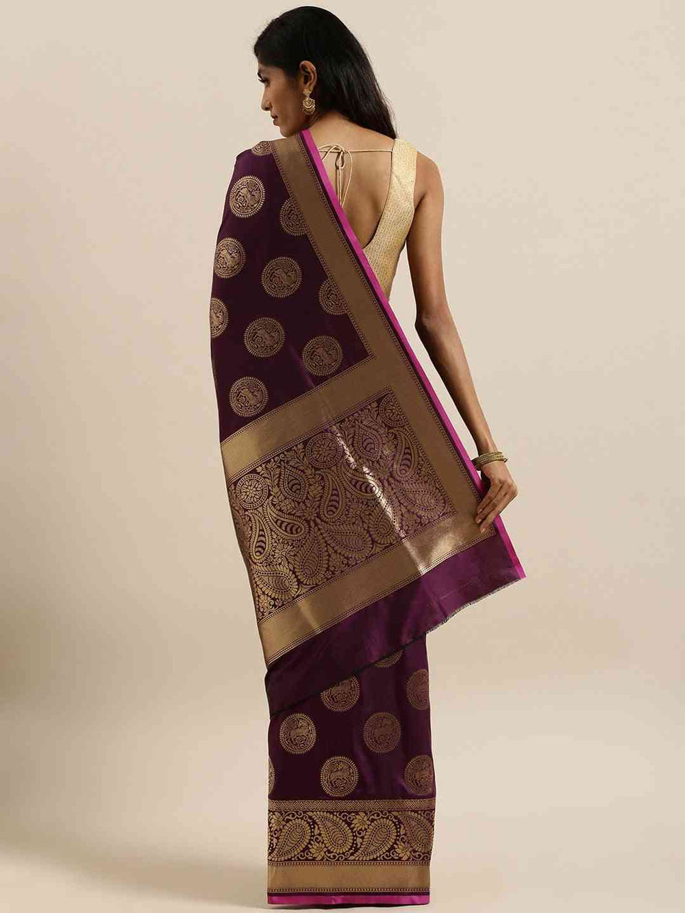 Traditional Silk Blend Banarasi Saree Wine Colour