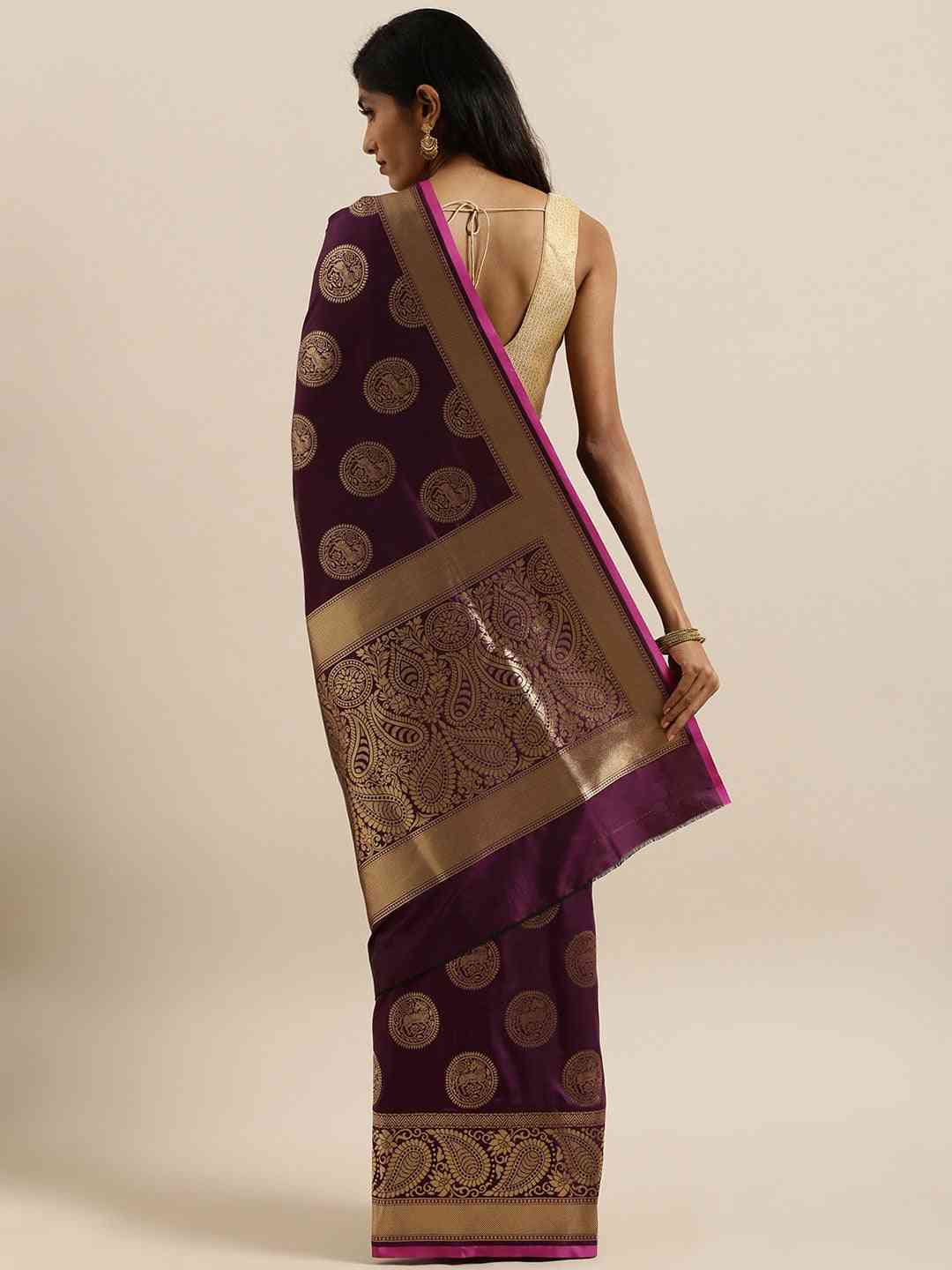 Traditional Silk Blend Banarasi Saree Wine Colour