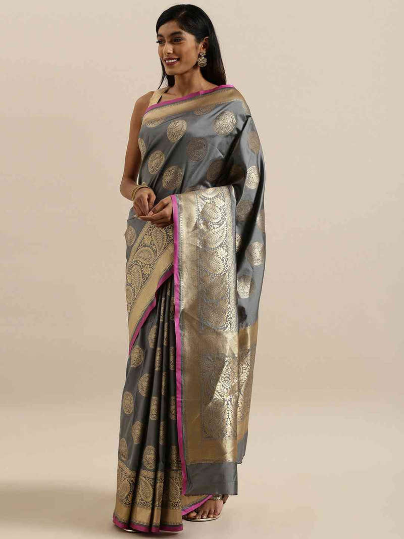Traditional Grey Colour Silk Blend Banarasi Saree