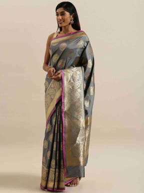 Traditional Silk Blend Banarasi Saree in Grey Colour