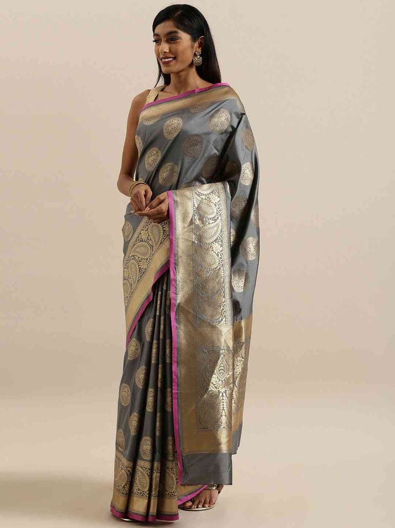 Traditional Silk Blend Banarasi Saree in Grey Colour