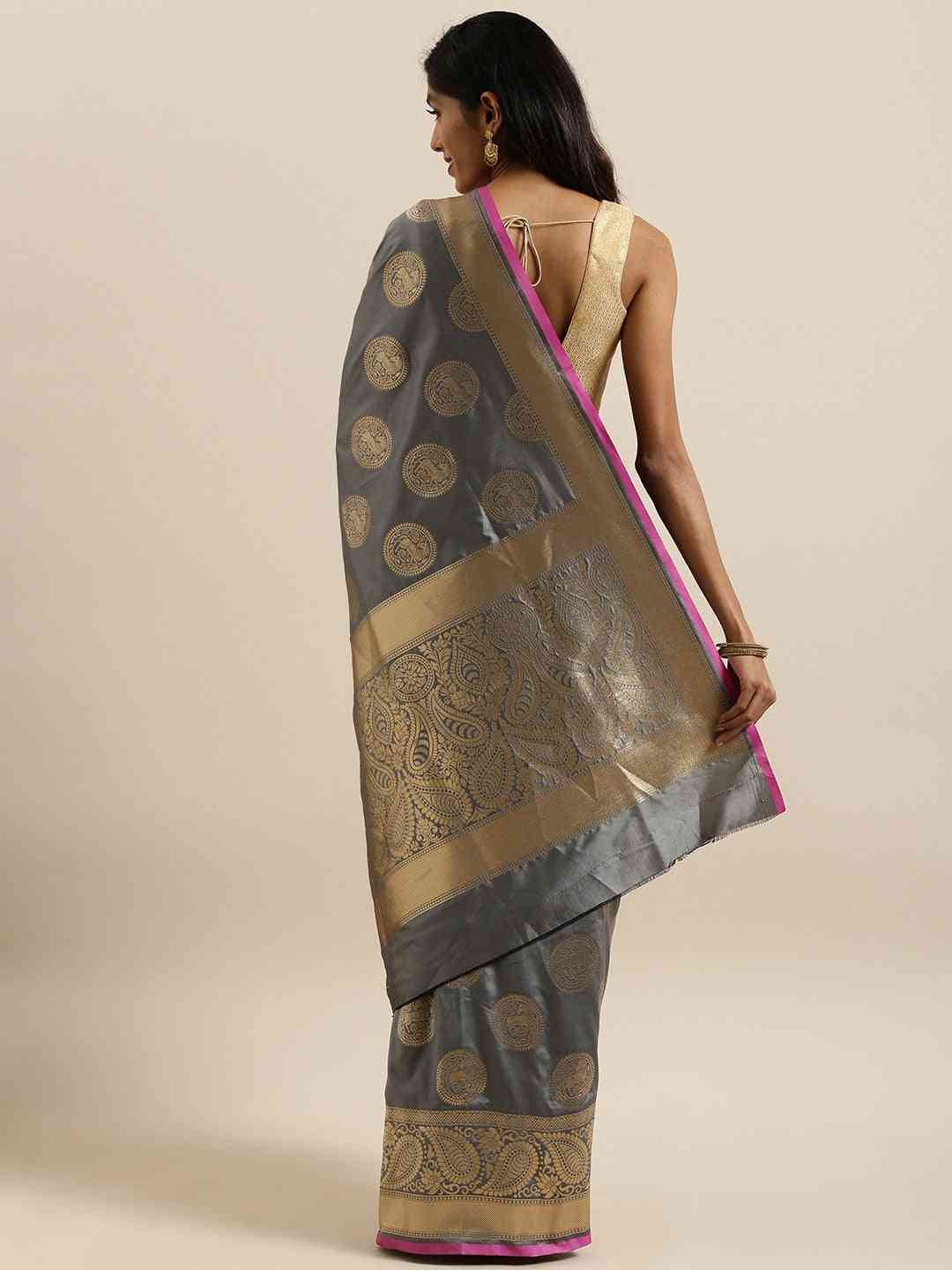 Traditional Silk Blend Banarasi Saree in Grey Colour