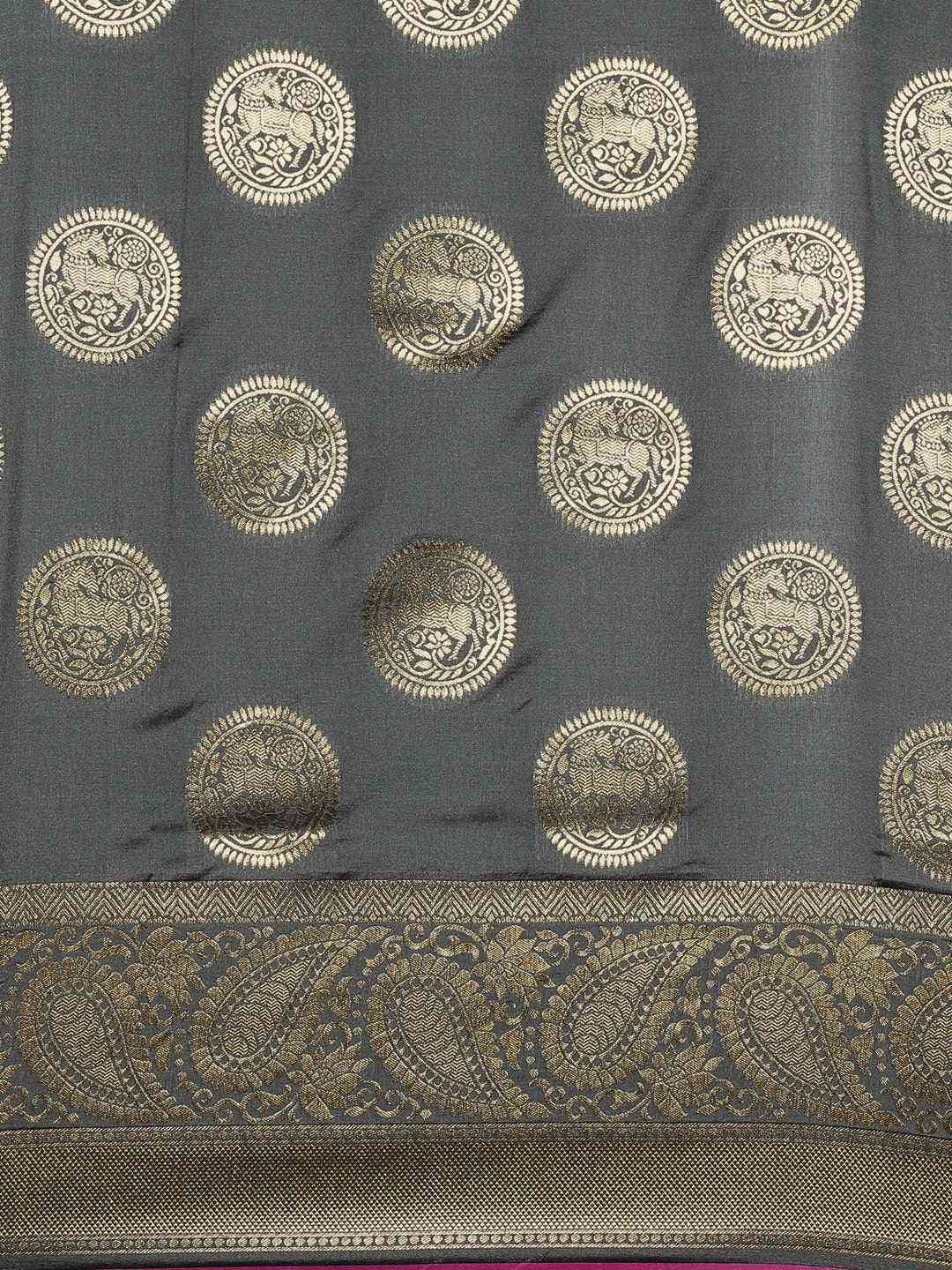 Traditional Silk Blend Banarasi Saree in Grey Colour