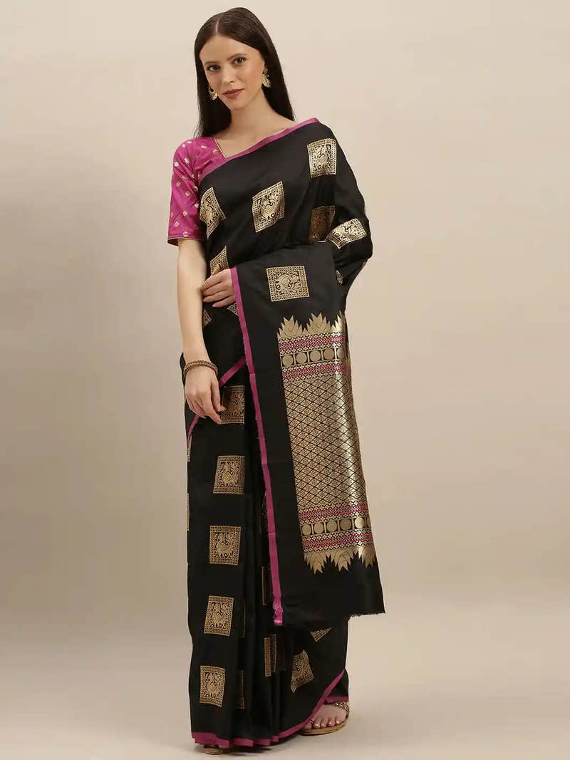 Kanjivaram Black Colour Silk Blend Woven Design Saree